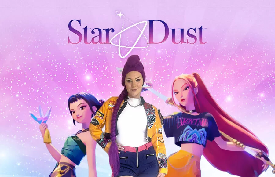 In the foreground are three figures: two animated female characters dressed in vibrant, K-pop-inspired fashion on the left and right, and a photorealistic woman in the center wearing a beanie, a white top, dark shorts, and a yellow, patched bomber jacket