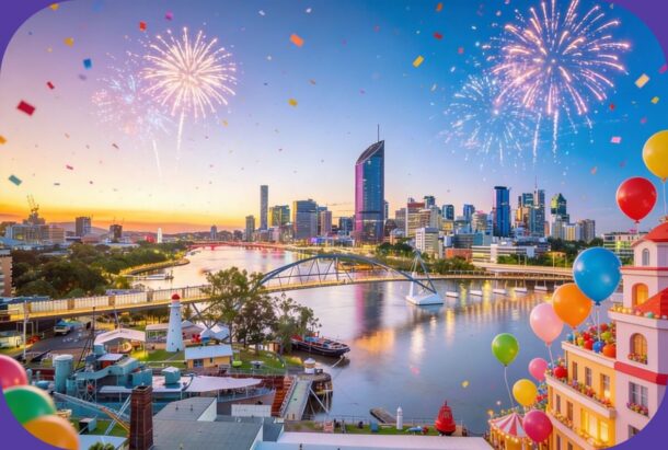 Brisbane skyline photo with colorful balloons and fireworks